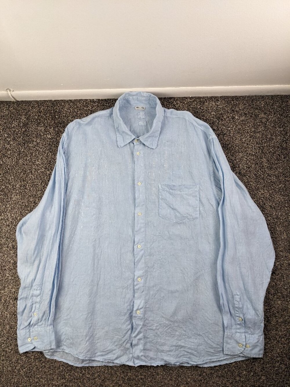 120% Lino Shirt 100% Linen Long Sleeve Button Up Blue Mens 4XL Italy Made *Flaw